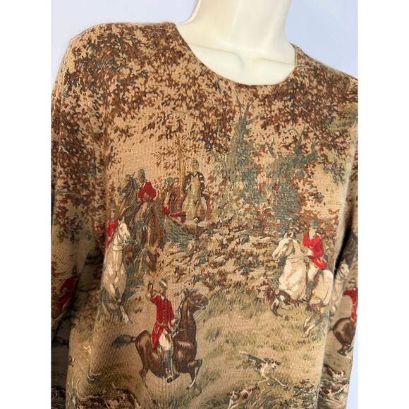 Pendleton Merino Wool Equestrian Hunting Print Tan Sweater Sz L Brown - Picture 10 of 10